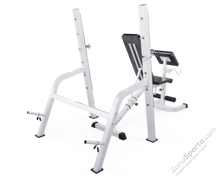 Скамья со стойками под штангу DFC GORILLA белая, с партой для бицепса